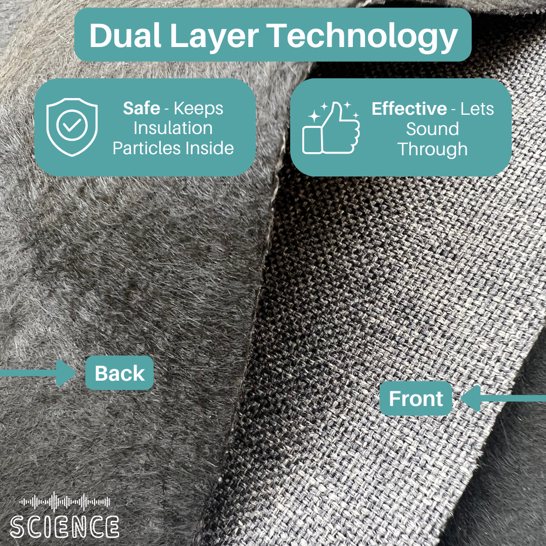 Close up picture of Acoustic Fabric showing the front and back of the dual layer technology
