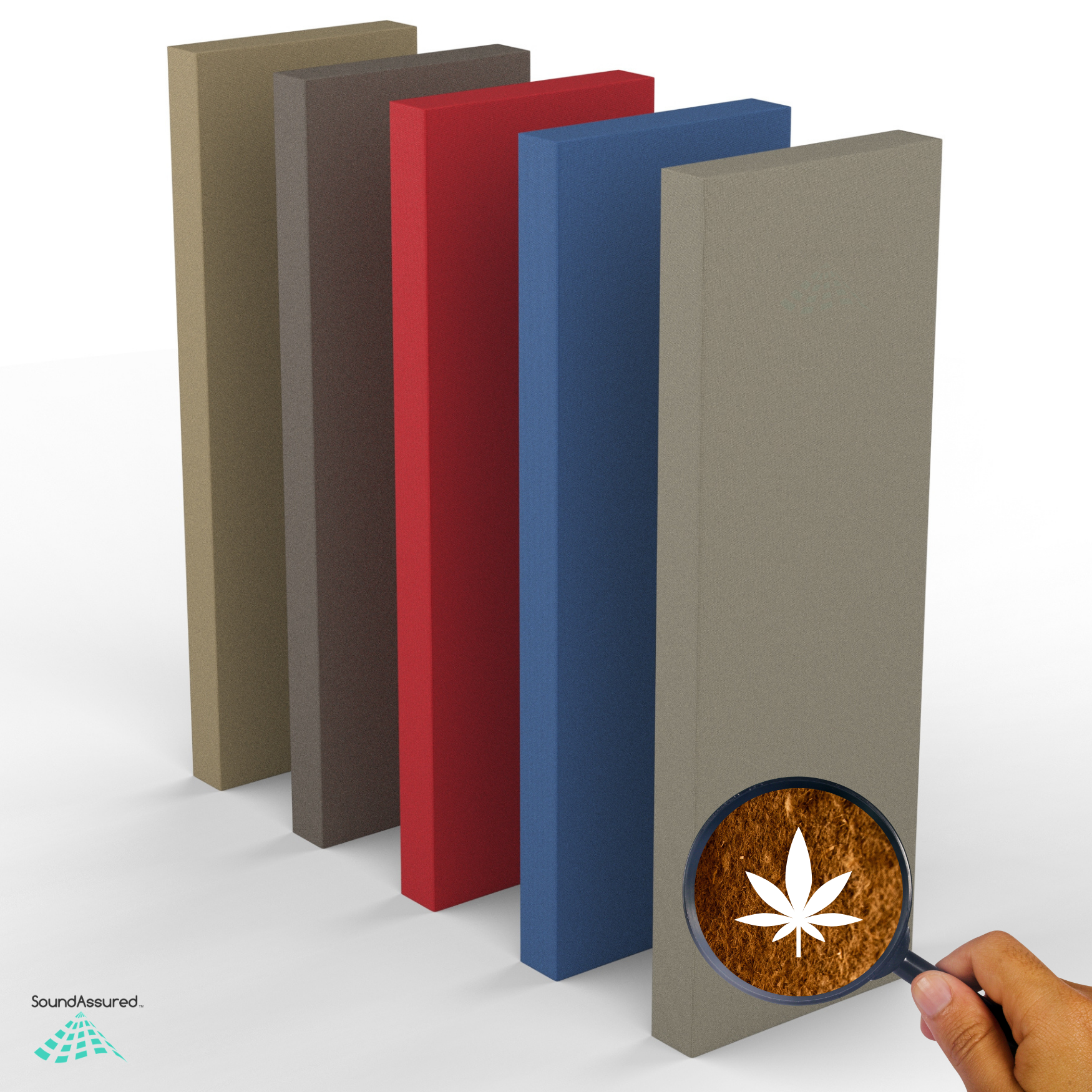 hemp acoustic panels main image - chocolate, cappuccino, red, blue, light beige colors
